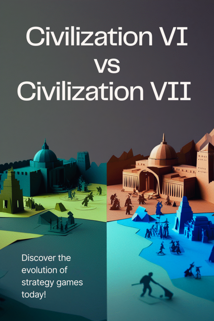 Civilization VI vs Civilization VII: A Strategic Evolution - Pinterest graphic featuring buildings and soldiers
